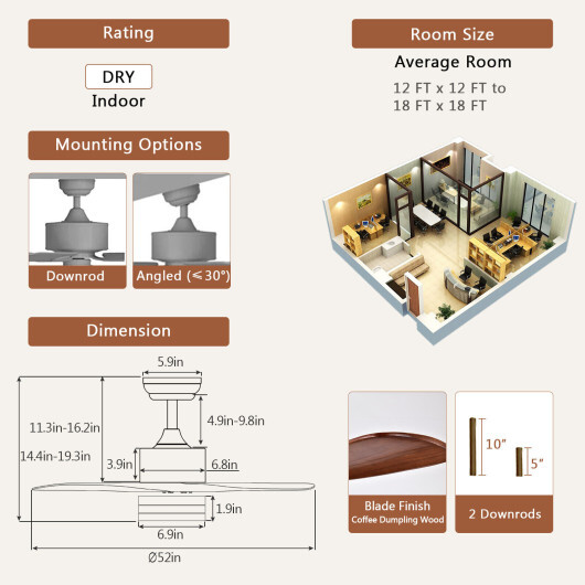 52 Inch Reversible Ceiling Fan with LED Light and Adjustable Temperature-Brown - Image 5