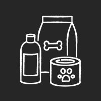 Pet care chalk white icon on black background. Food for dogs in bag package. Shampoo for domestic animals. Petshop products for kittens and puppies. Vet items. Isolated vector chalkboard illustration